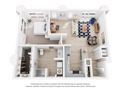 Floor plan for 1 bed, 1 bath, 820 sqft